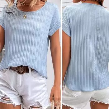 Женская летняя футболка с коротким рукавом Элегантная однотонная рубашка Модный плиссированный топ с круглым вырезом Свободная посадка блузка из полиэстера для рабочих вечеринок S синий
