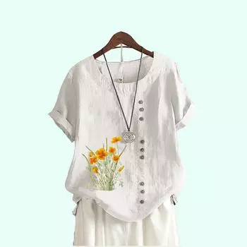 Женская летняя футболка с коротким рукавом, красивые цветочные принты, повседневные блузки с круглым вырезом, одежда больших размеров S коричневый