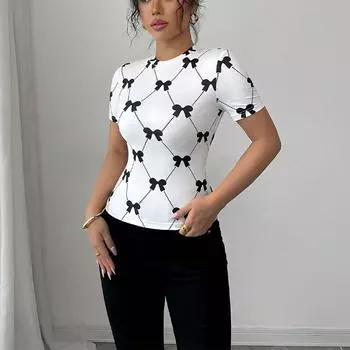 Женская летняя футболка с коротким рукавом, круглым вырезом и бантом, дышащая, облегающая, пуловер, топ S