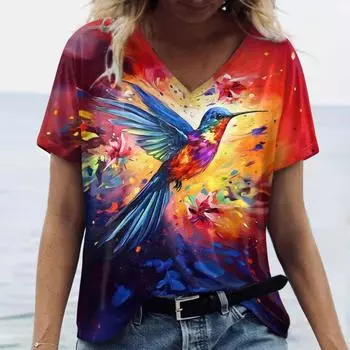 Женская летняя футболка с коротким рукавом, свободная одежда больших размеров, топы с v-образным вырезом, топы с принтом животных и птиц, женские повседневные футболки, одежда 2024 2XL