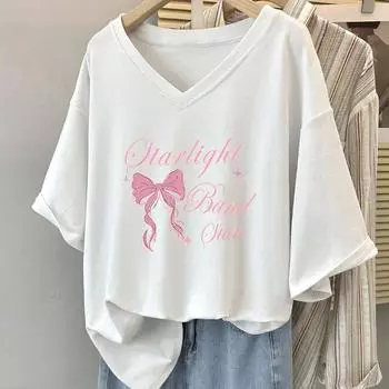 Женская летняя футболка с короткими рукавами, бант, розовые банты, принтованная футболка, свободный V-образный вырез, повседневный милый топ с буквенным принтом для девочек XL белый