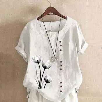 Женская летняя футболка с короткими рукавами и круглым вырезом, пуловер с пуговицами, декор с цветочным принтом, винтажный стиль, женский топ 2XL белый