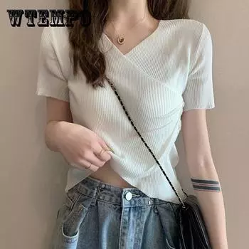 Женская летняя футболка с короткими рукавами и v-образным вырезом Cross Fit демонстрирует тонкий высококачественный вязаный топ из ледяного шелка S вино красного