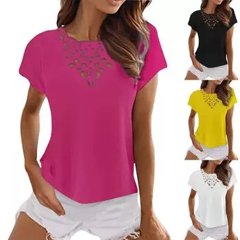 Женская летняя футболка с короткими рукавами и отверстиями, тонкие повседневные однотонные топы с круглым вырезом XXXXXL чёрный