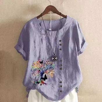 Женская летняя футболка с короткими рукавами и круглым вырезом, пуловер с пуговицами, декор с принтом дерева, винтажный стиль, женский топ 2XL жёлтый