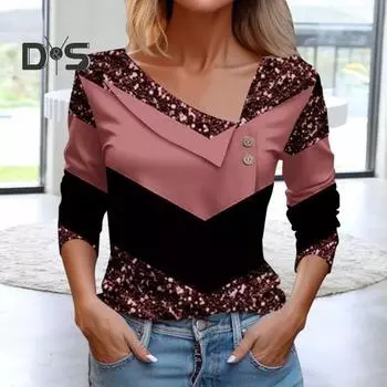 Женская летняя футболка с косым V-образным вырезом, декором из пуговиц, блестящими пайетками, цветными блоками, длинными рукавами, свободный пуловер, мягкая дышащая повседневная женская блузка S синий