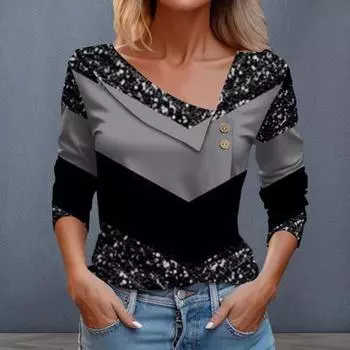 Женская летняя футболка с косым V-образным вырезом и пуговицами, декорированная блестящими пайетками и цветными блоками, с длинными рукавами, свободный пуловер, мягкая дышащая повседневная женская повседневная блузка M чёрный
