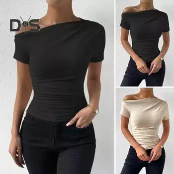 Женская летняя футболка с косым воротником и коротким рукавом, приталенная футболка, однотонный пуловер с боковыми сборками, топы S чёрный