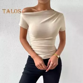 Женская летняя футболка с косым воротником и коротким рукавом, приталенная футболка, однотонный пуловер с боковыми сборками, топы XL чёрный