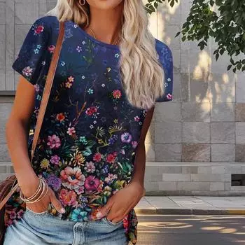 Женская летняя футболка с красивым цветочным принтом в стиле ретро, футболки с коротким рукавом, повседневные топы с принтом XS синий