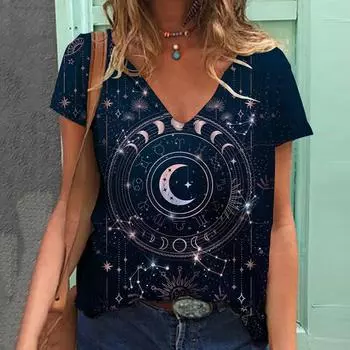 Женская летняя футболка с красивым принтом звезд и луны, футболки с короткими рукавами, повседневные топы с принтом XS темно-синий