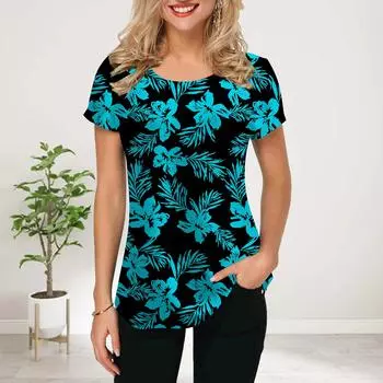 Женская летняя футболка с красивым синим цветочным принтом, футболки с коротким рукавом, повседневные топы с принтом XS синий