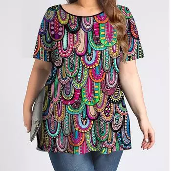 Женская летняя футболка с красочной вышивкой и принтом перьев, футболки с короткими рукавами, повседневные топы с принтом 7XL чёрный