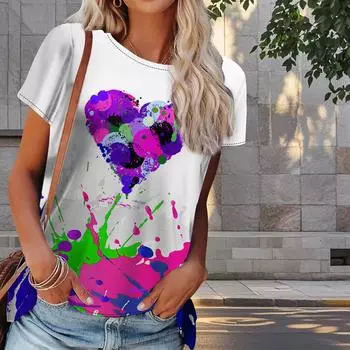 Женская летняя футболка с красочным принтом «Любовь» в стиле ретро, футболки с коротким рукавом, повседневные топы с принтом XS синий