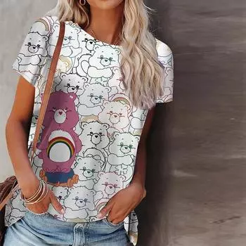 Женская летняя футболка с красочным принтом маленького медведя, футболки с короткими рукавами, повседневные топы с принтом XS белый