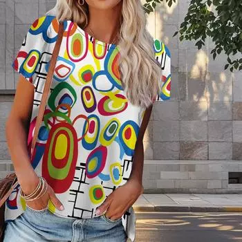 Женская летняя футболка с красочным принтом пузырьков в стиле ретро, футболки с коротким рукавом, повседневные топы с принтом XS чёрный