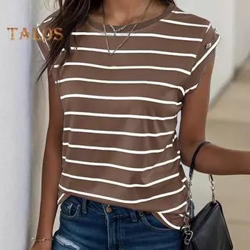 Женская летняя футболка с круглым вырезом без рукавов, туника, топы в полоску с принтом, свободный крой, повседневный жилет, топы, уличная одежда S чёрный