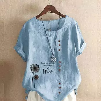Женская летняя футболка с круглым вырезом и коротким рукавом, повседневная хлопковая льняная рубашка с рисунком, модная свободная блузка с принтом одуванчика, топы больших размеров XS синий