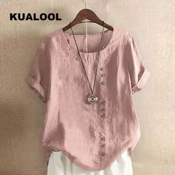 Женская летняя футболка с круглым вырезом и коротким рукавом, повседневная хлопково-льняная рубашка с рисунком, модная свободная блузка для отдыха, топы больших размеров XL розовый