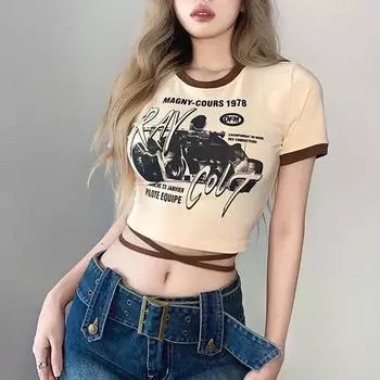 Женская летняя футболка с круглым вырезом и коротким рукавом в стиле ретро, уличные тонкие майки, короткая футболка с готическим принтом на шнуровке S
