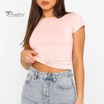 Женская летняя футболка с круглым вырезом и коротким рукавом, пуловер, топы, облегающая однотонная футболка, уличная одежда M розовый