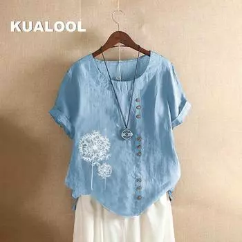 Женская летняя футболка с круглым вырезом и коротким рукавом, повседневная хлопковая льняная рубашка с рисунком, модная свободная блузка с принтом одуванчика, топы больших размеров 5XL оранжевый