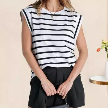 Женская летняя футболка с круглым вырезом и летающими рукавами, повседневные топы, сплошной цвет, полосатый принт, свободный крой, топы без рукавов, уличная одежда M