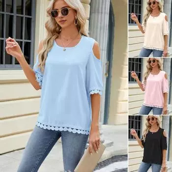 Женская летняя футболка с круглым вырезом и открытыми плечами, футболка с короткими рукавами, однотонная, свободная, с круглым вырезом в горошек S розовый