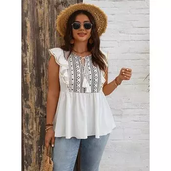 Женская летняя футболка с круглым вырезом и коротким рукавом с принтом в стиле пэчворк, футболка с рюшами и рукавами, повседневная модная дышащая футболка, легкий топ для работы и отдыха, легкий топ XL белый