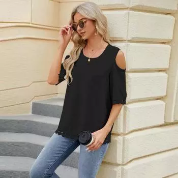 Женская летняя футболка с круглым вырезом и открытыми плечами, футболка с короткими рукавами, однотонные свободные топы с круглым вырезом в горошек S розовый