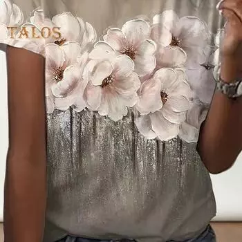 Женская летняя футболка с круглым вырезом и короткими рукавами, туника, топы, туника с цветочным принтом, блузка, свободный крой, повседневные топы, уличная одежда S хаки