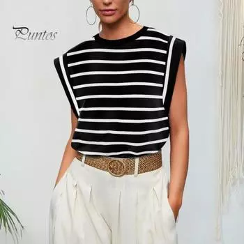 Женская летняя футболка с круглым вырезом и летающими рукавами, повседневные топы, сплошной цвет, полосатый принт, свободный крой, топы без рукавов, уличная одежда M