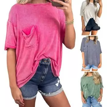 Женская летняя футболка с круглым вырезом и короткими рукавами, свободная футболка с карманом, цветной однотонный пуловер, топы L розы красного