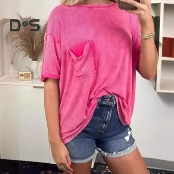 Женская летняя футболка с круглым вырезом и коротким рукавом, футболка с накладным карманом, свободный крой, однотонный пуловер, топы, уличная одежда S розы красного