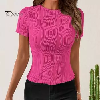 Женская летняя футболка с круглым вырезом и коротким рукавом, приталенная футболка, однотонный пуловер в полоску с текстурой, топы, повседневная футболка, уличная одежда 2XL зелёный