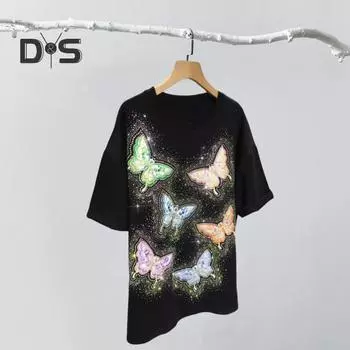 Женская летняя футболка с круглым вырезом и коротким рукавом, пуловер с вышивкой и бабочками, топы 4XL белый