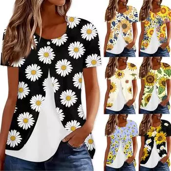 Женская летняя футболка с круглым вырезом и пряжкой с неровным краем и принтом, топ L бежевый