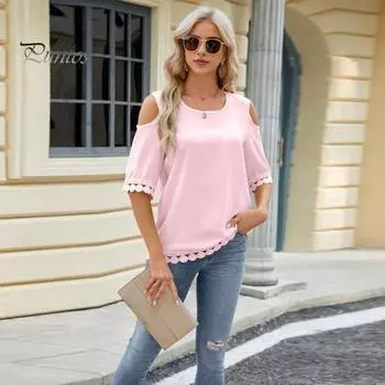 Женская летняя футболка с круглым вырезом и открытыми плечами, футболка с короткими рукавами, однотонные свободные топы с круглым вырезом в горошек S розовый