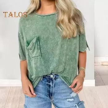 Женская летняя футболка с круглым вырезом и коротким рукавом, футболка с накладным карманом, свободный крой, однотонный пуловер, топы, уличная одежда S темно-серого