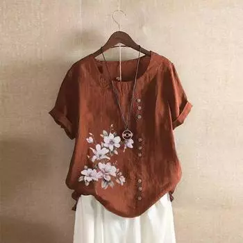 Женская летняя футболка с круглым вырезом и коротким рукавом с цветочным принтом, футболка с декором на пуговицах, свободный крой, повседневные топы, повседневная одежда M коричневый