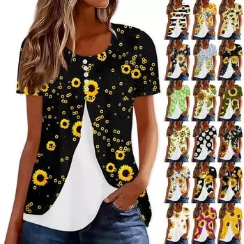 Женская летняя футболка с круглым вырезом и пряжкой с неровным краем и принтом, топ L бежевый