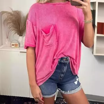 Женская летняя футболка с круглым вырезом и коротким рукавом, футболка с накладным карманом, свободный крой, однотонный пуловер, топы, уличная одежда XL розы красного