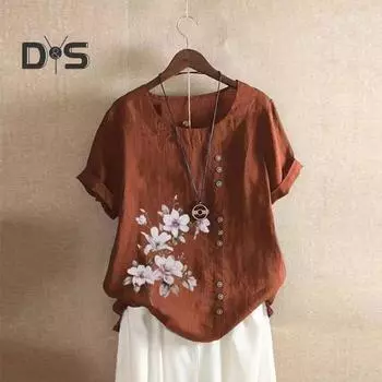 Женская летняя футболка с круглым вырезом и коротким рукавом с цветочным принтом, футболка с декором на пуговицах, свободный крой, повседневные топы, повседневная одежда 3XL синий