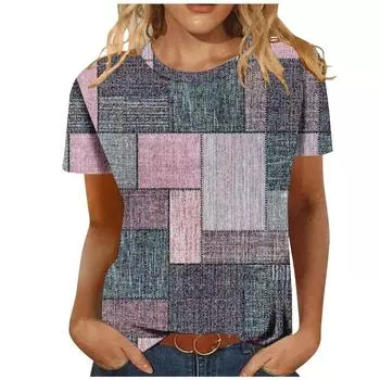 Женская летняя футболка с круглым вырезом и короткими рукавами, с клетчатыми полосками в стиле ретро, цифровая 3D-печать S