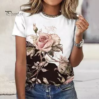 Женская летняя футболка с круглым вырезом и короткими рукавами, туника, топы, туника с цветочным принтом, блузка, свободный крой, повседневные топы, уличная одежда L хаки
