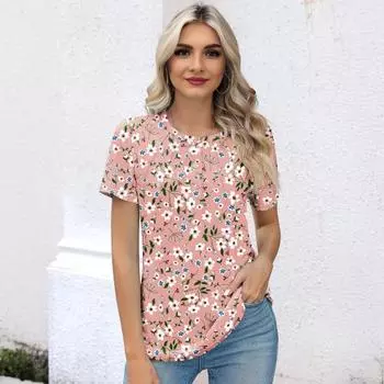 Женская летняя футболка с круглым вырезом и коротким рукавом, свободный крой, цветочный принт, стандартный крой, пуловер, топы S