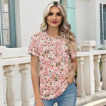 Женская летняя футболка с круглым вырезом и коротким рукавом, свободный крой, цветочный принт, стандартный крой, пуловер, топы S