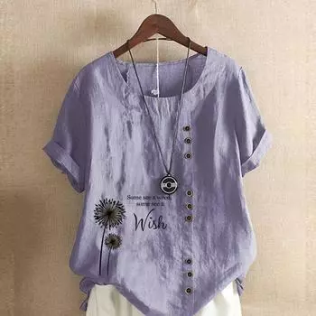 Женская летняя футболка с круглым вырезом и коротким рукавом, повседневная хлопковая льняная рубашка с рисунком, модная свободная блузка с принтом одуванчика, топы больших размеров M белый