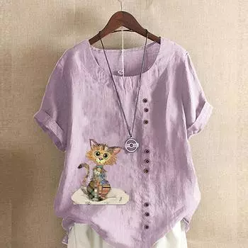 Женская летняя футболка с круглым вырезом и коротким рукавом, повседневная хлопковая льняная рубашка с рисунком, модная свободная блузка с принтом кота, топы больших размеров XS розовый