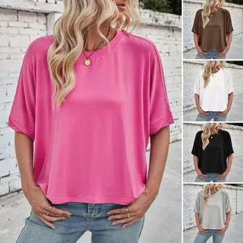 Женская летняя футболка с круглым вырезом и рукавом «летучая мышь», свободный крой, однотонная летняя повседневная футболка-пуловер, топы на каждый день S кофейный